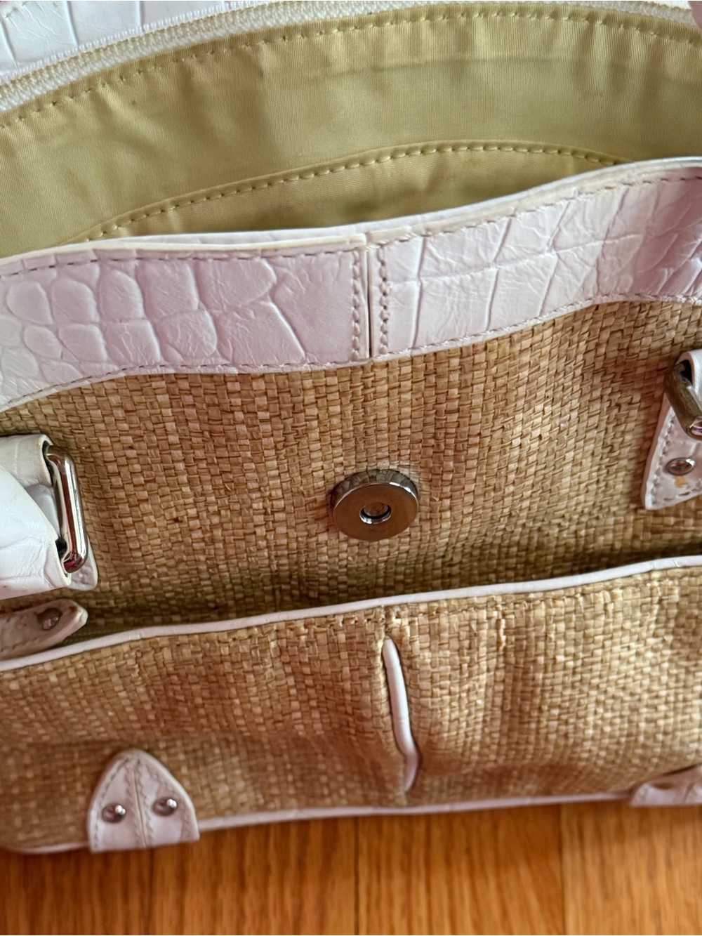 Cole Haan White Croc-Embossed Trim Straw Tote with Silver Buckle - Picture 11 of 13
